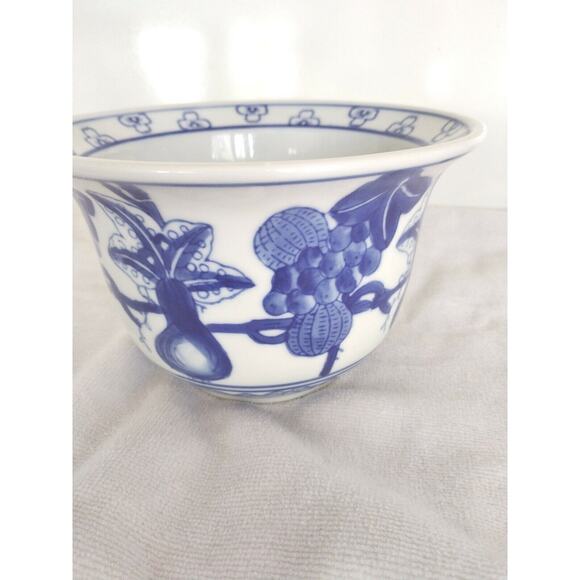 Vintage Asian Flower Pot 6" Blue and White  Hand Painted Eggplant Melons China - Picture 2 of 10